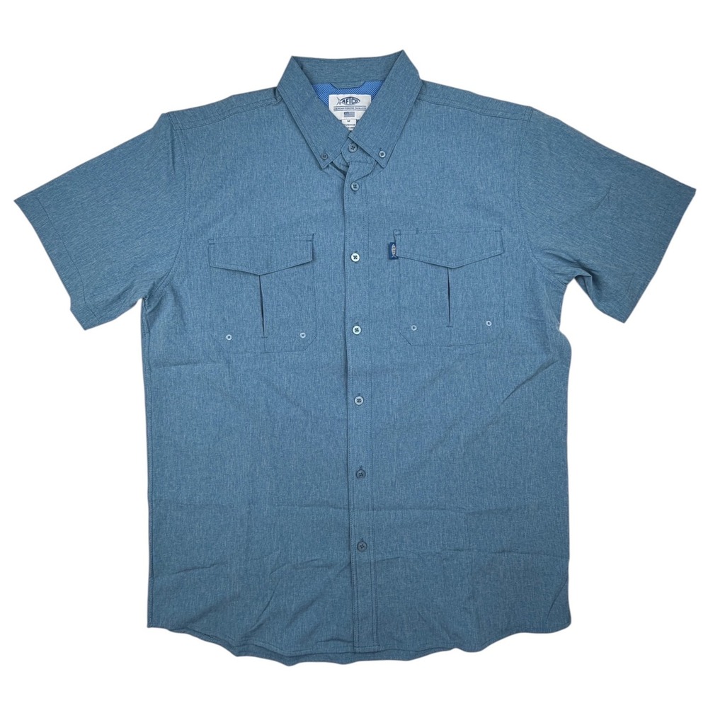 AFTCO Men's Medium Blue Vented Short Sleeve Fishing Button Up Performance Shirt